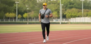 Moda urbana en Puebla: Persona corriendo con gorra Pollo Feliz amarilla y outfit deportivo.