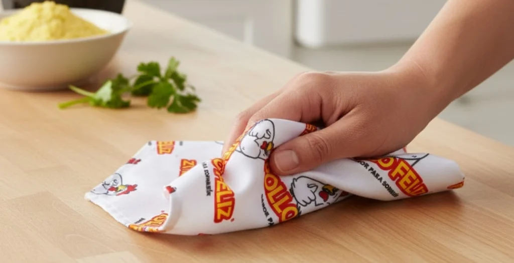Mano usando un trapo de cocina de Pollo Feliz para limpiar una superficie en una cocina moderna, mostrando los Textiles para el Hogar en México de Pollo Feliz.