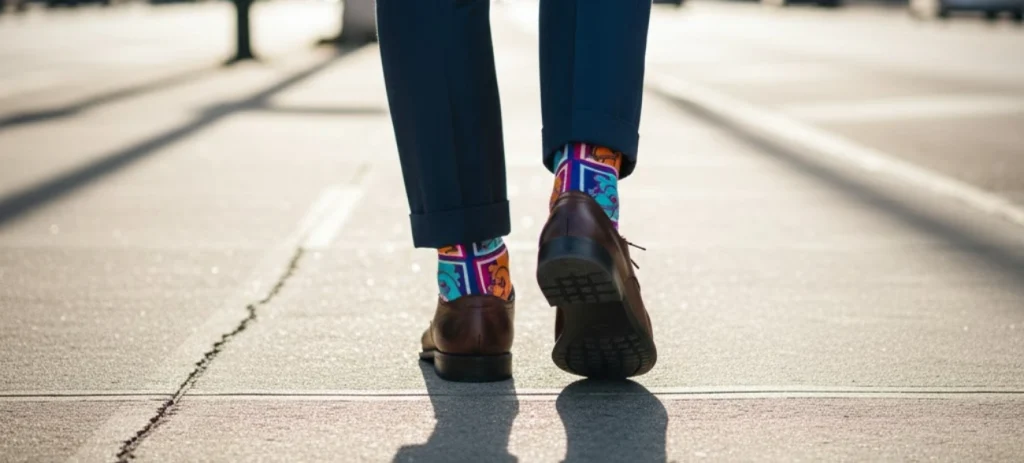 Primer plano de un hombre caminando con calcetas Pop Art de Pollo Feliz, visibles entre el pantalón y zapatos oscuros, sobre la banqueta.