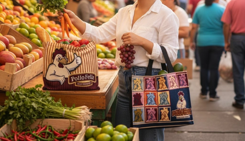 Mujer joven en un mercado local guardando verduras frescas en una bolsa de tela de Pollo Feliz.