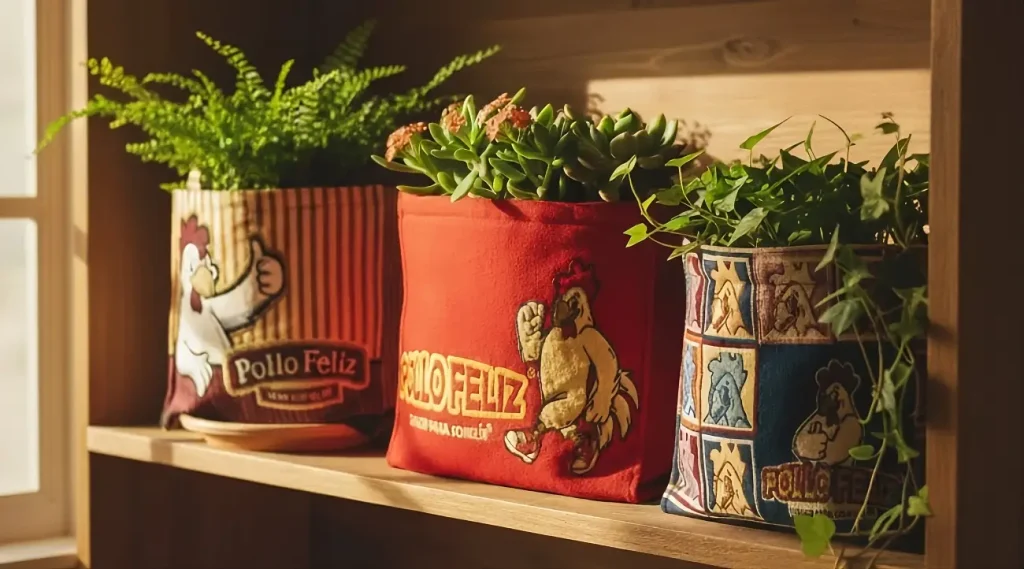 Bolsas de tela de Pollo Feliz utilizadas como maceteros decorativos para plantas de interior.