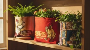 Bolsas de tela de Pollo Feliz utilizadas como maceteros decorativos para plantas de interior.